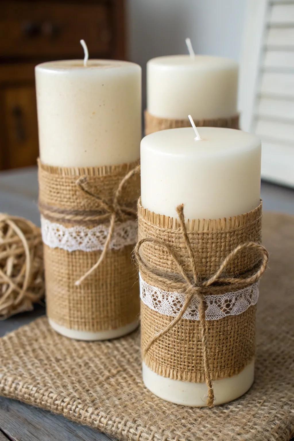 Hessian wraps add a snug accent to candles.