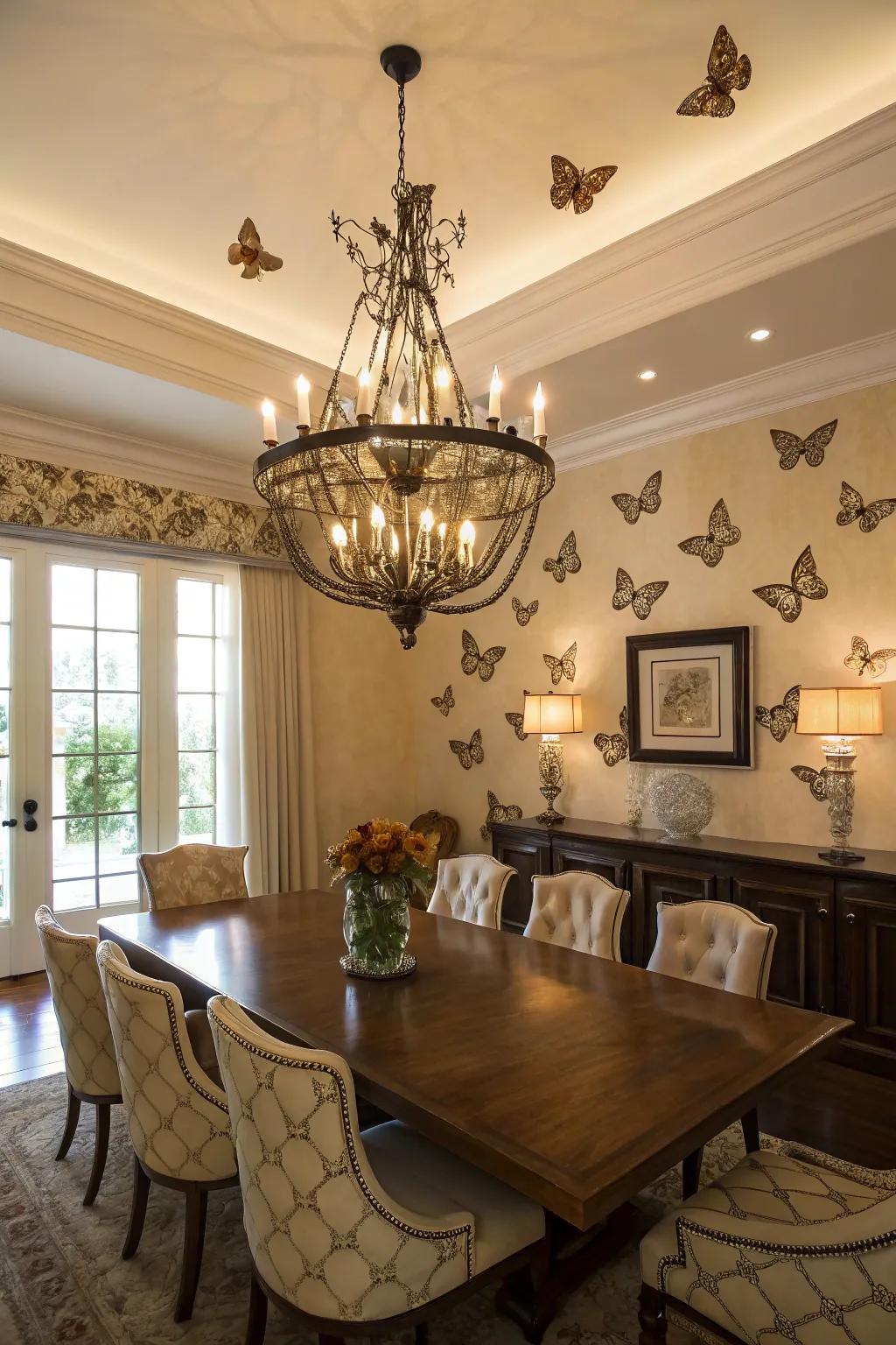 A butterfly chandelier serves as a stunning focal point.