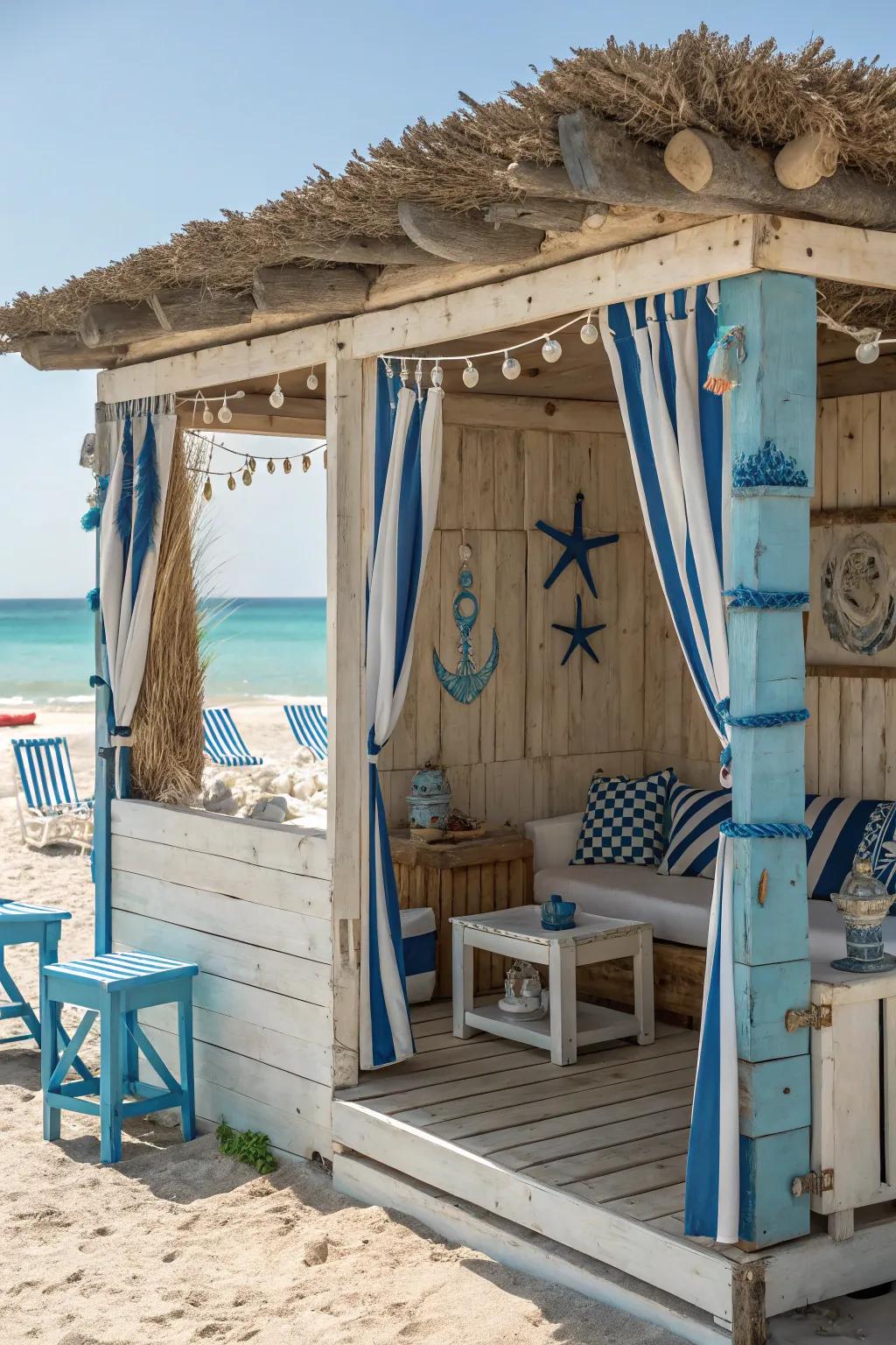 A tranquil seaside cabana that showcases a maritime theme.