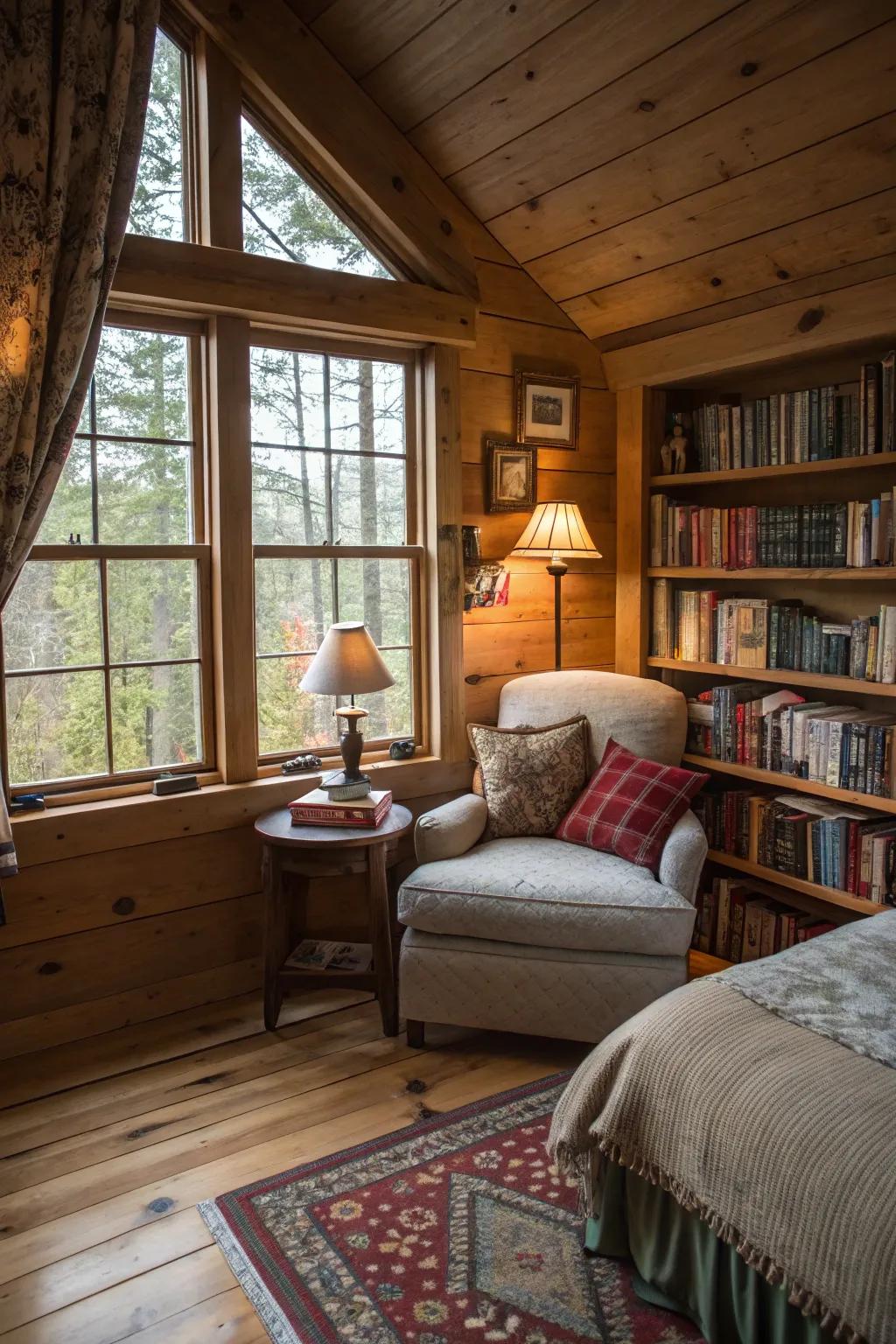 A cabin bedroom featuring a cozy reading nook by the window.