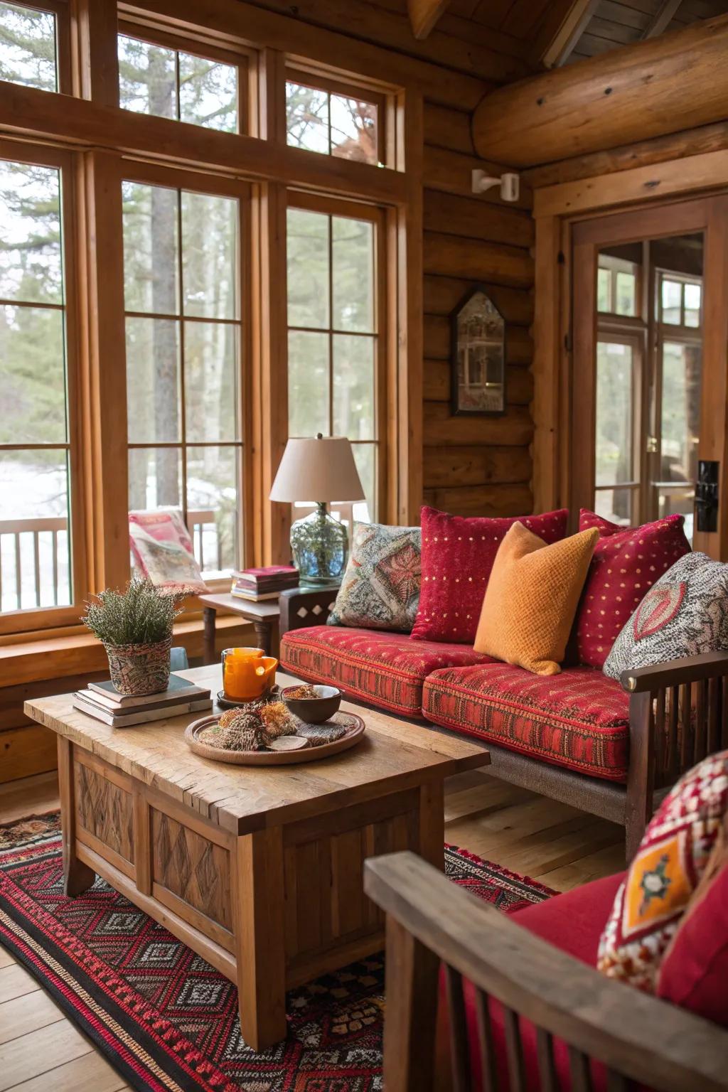 Vibrant color accents enlivening a cabin