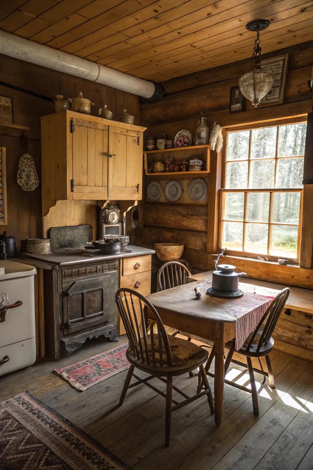 Antique pieces add a sense of history to a cabin kitchen.