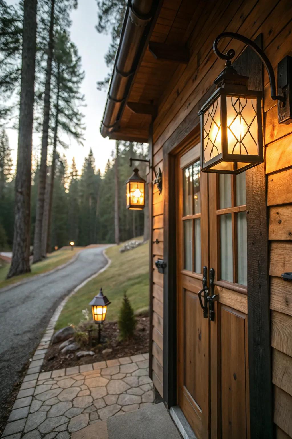 Outdoor lanterns contribute a welcoming touch to a cabin's entrance.