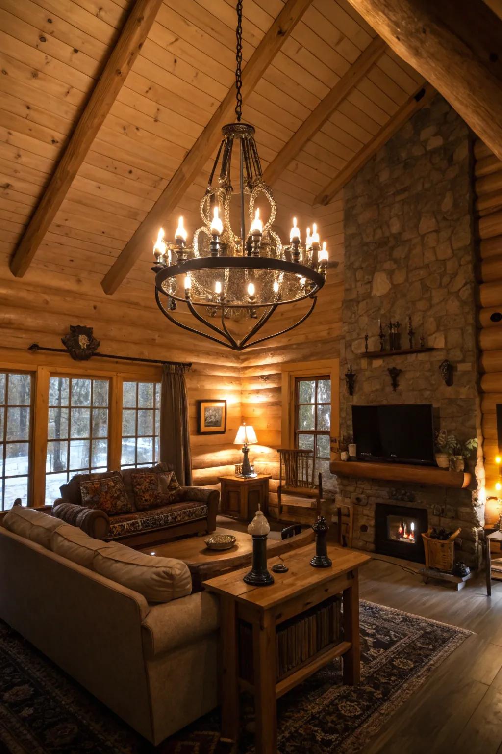 Statement lighting crafts a warm glow in this cabin living space.