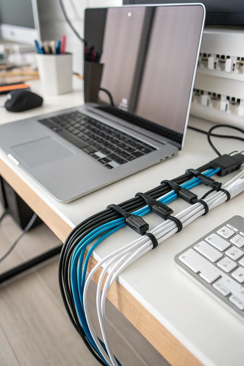 Zip ties and cable clips securing cables effectively.