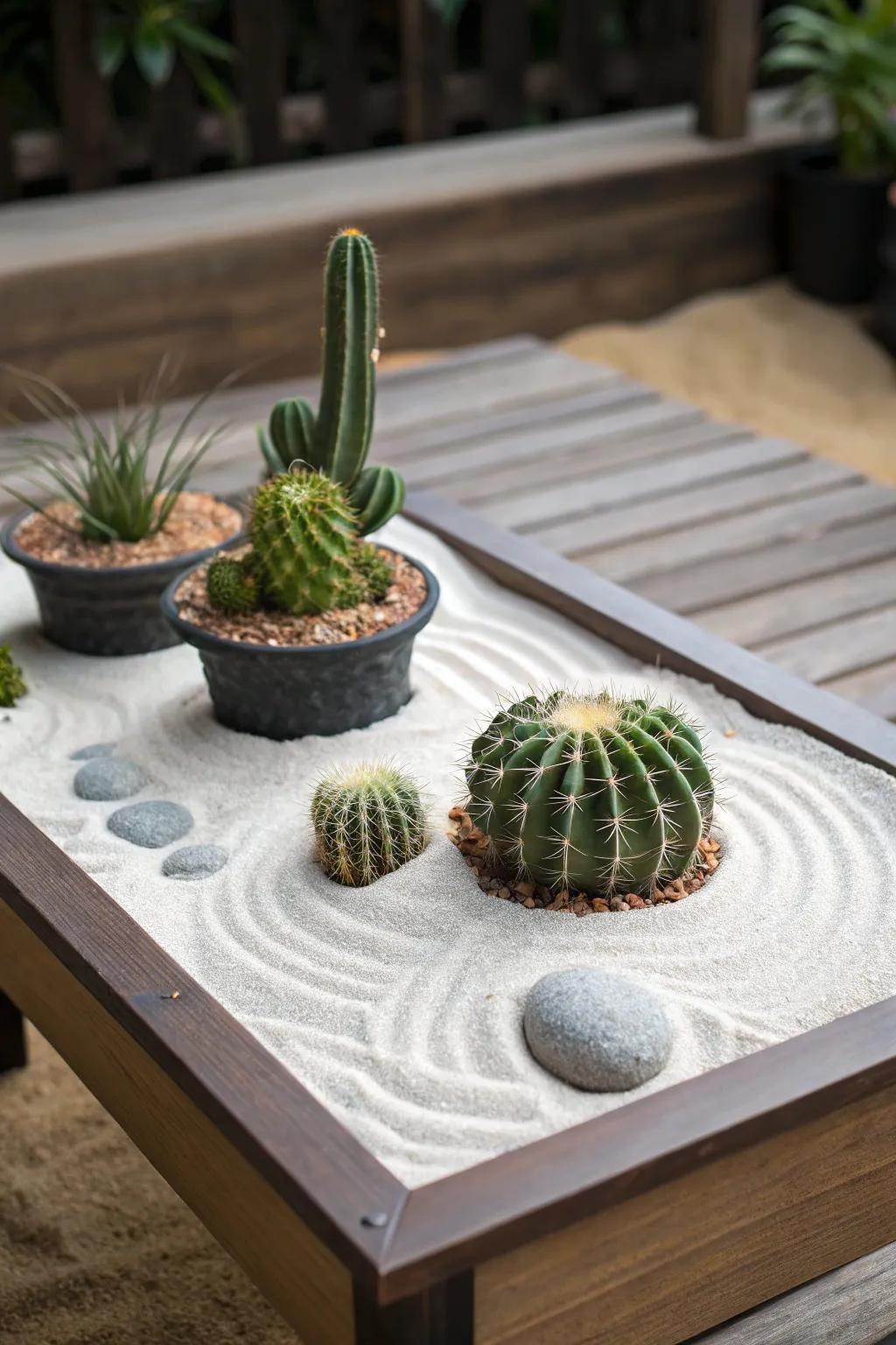 A zen garden with cacti offers a calming and serene centerpiece.