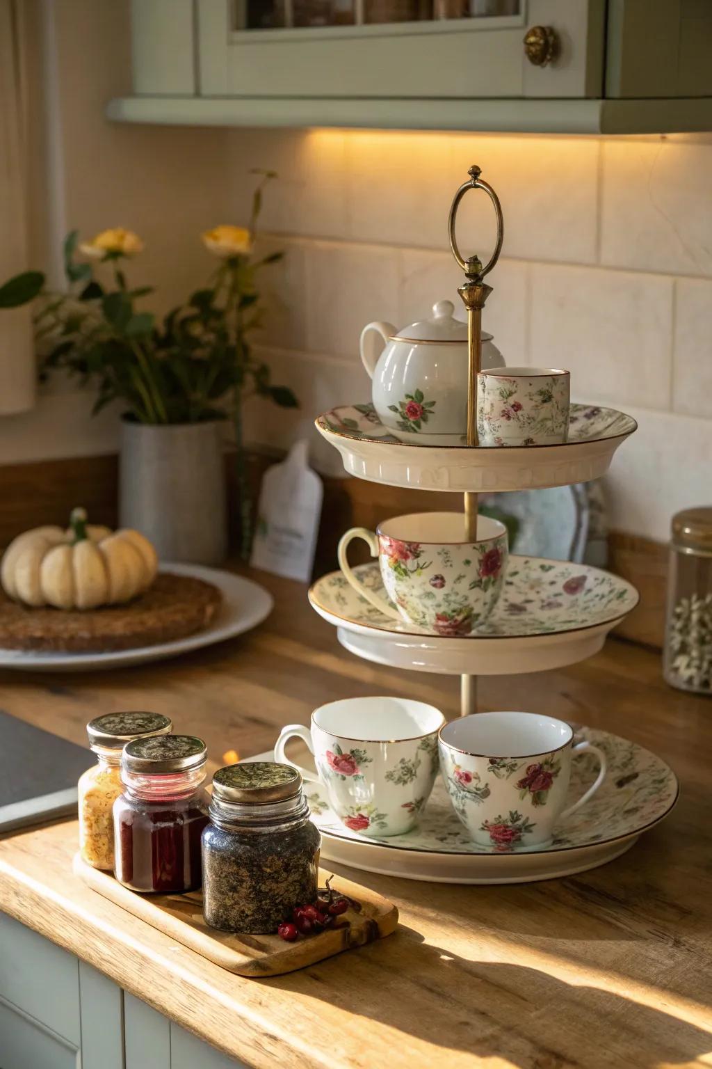 A charming tea station on a display stage is perfect for entertaining.
