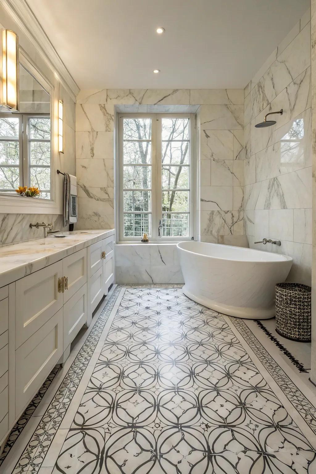 A bathroom showcasing the intricate detail of Ivory Coast marble mosaic tiles.
