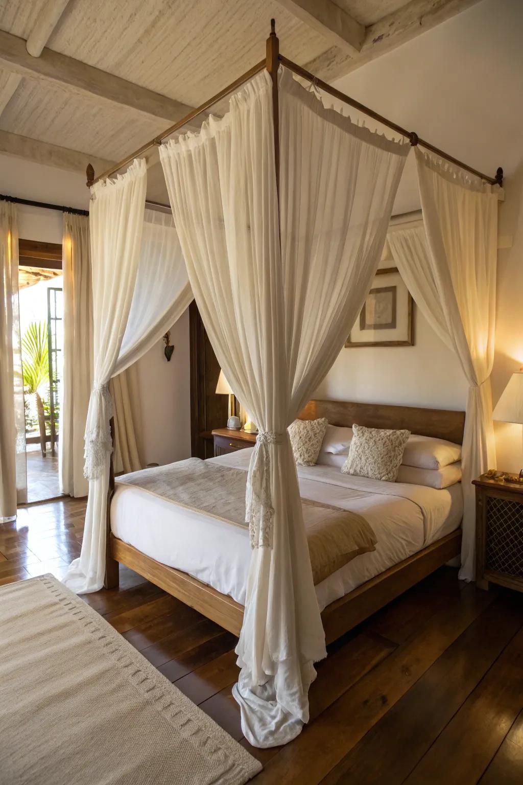 Bedroom design featuring a canopy bed draped with light fabric for a dreamy feel.