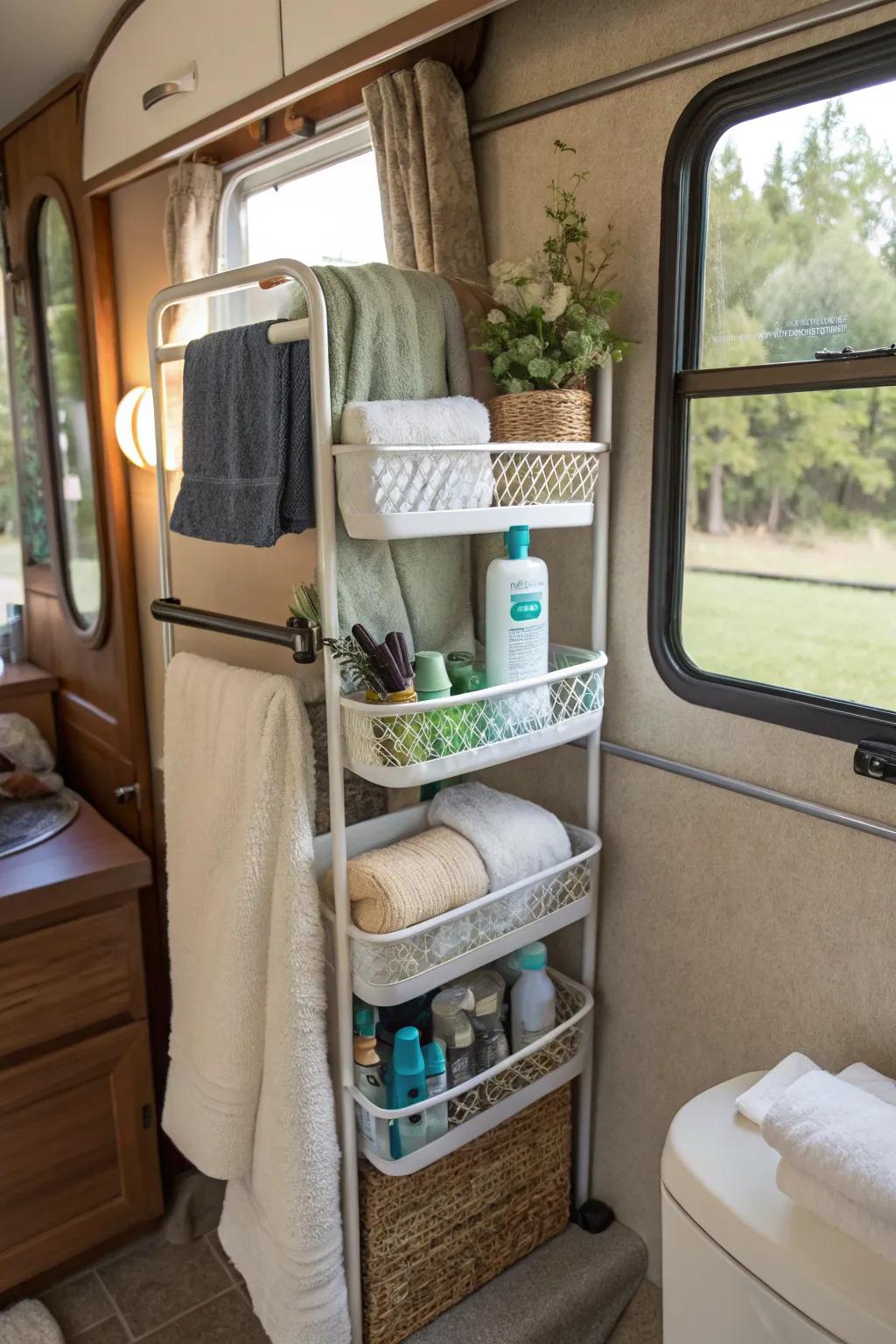 Over-the-toilet rack making use of space well in a camper bathroom.