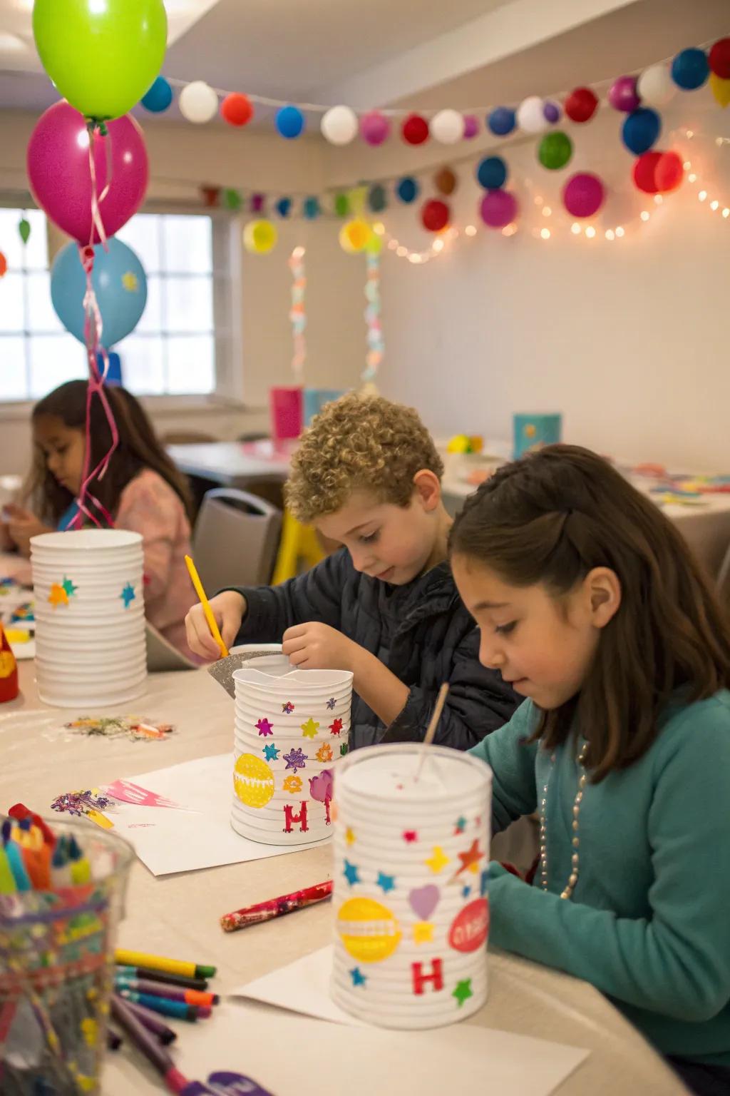 Kids crafting their own tin lanterns, a creative party activity.
