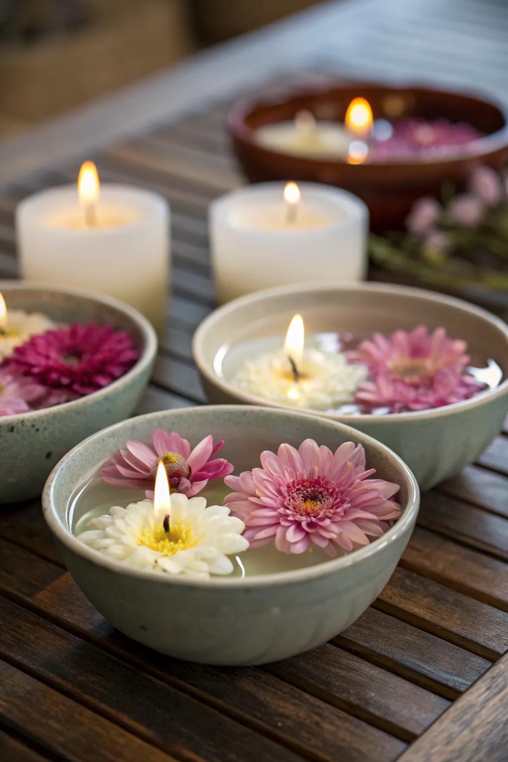 Drifting candles and flowers in small bowls for a burst of color.