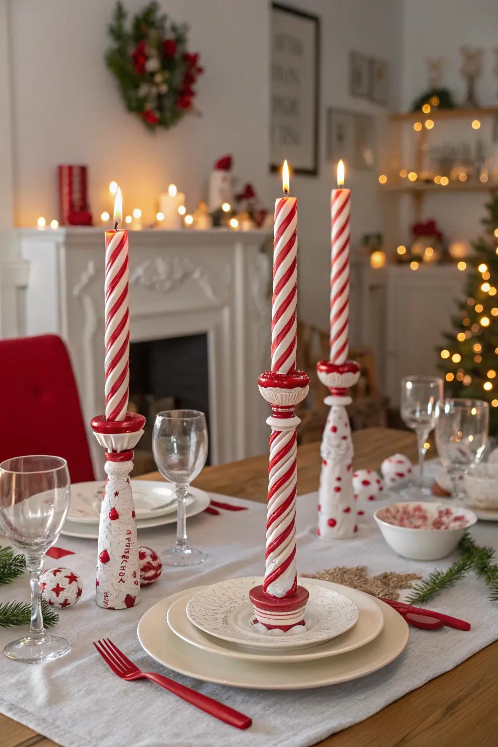 Illuminate your table with peppermint stick luminary bearers.