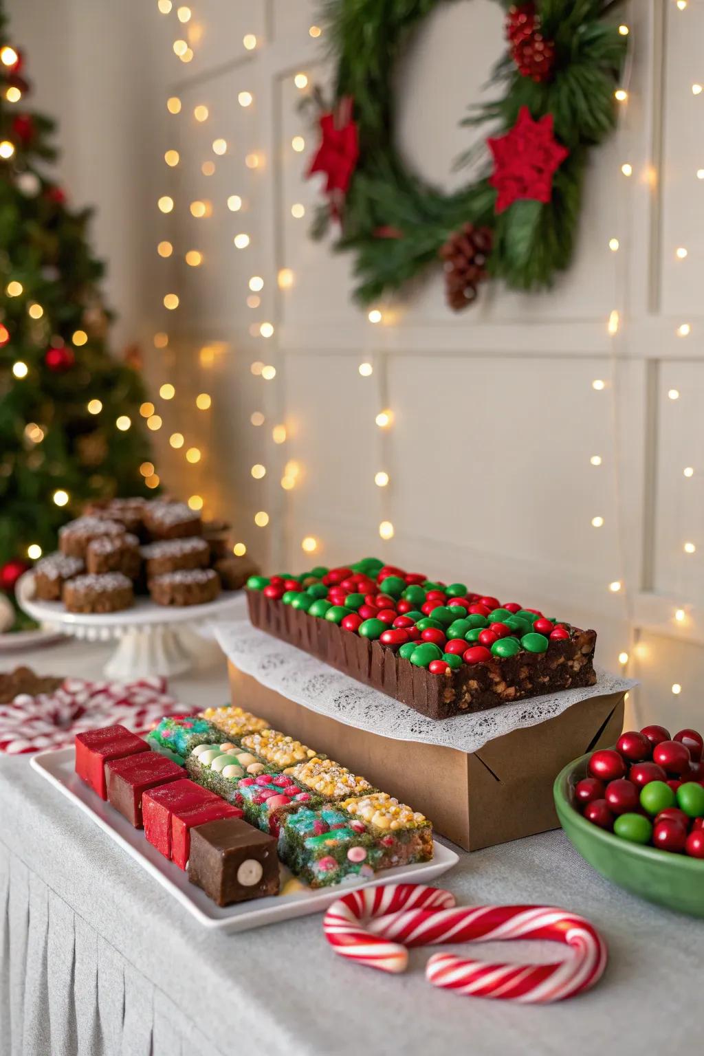 A festive holiday candy bar filled with colorful treats and seasonal charm.
