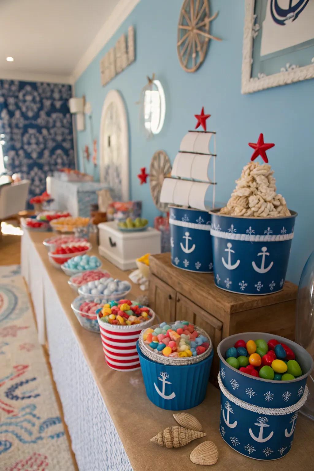 Nautical pails enhancing the theme of the sweet table