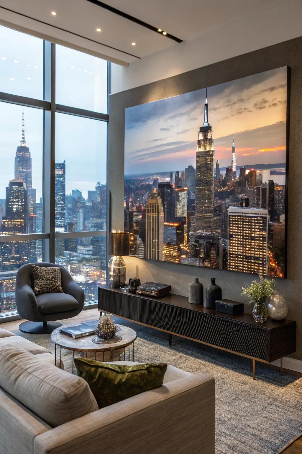 Urban artwork captures city energy indoors.