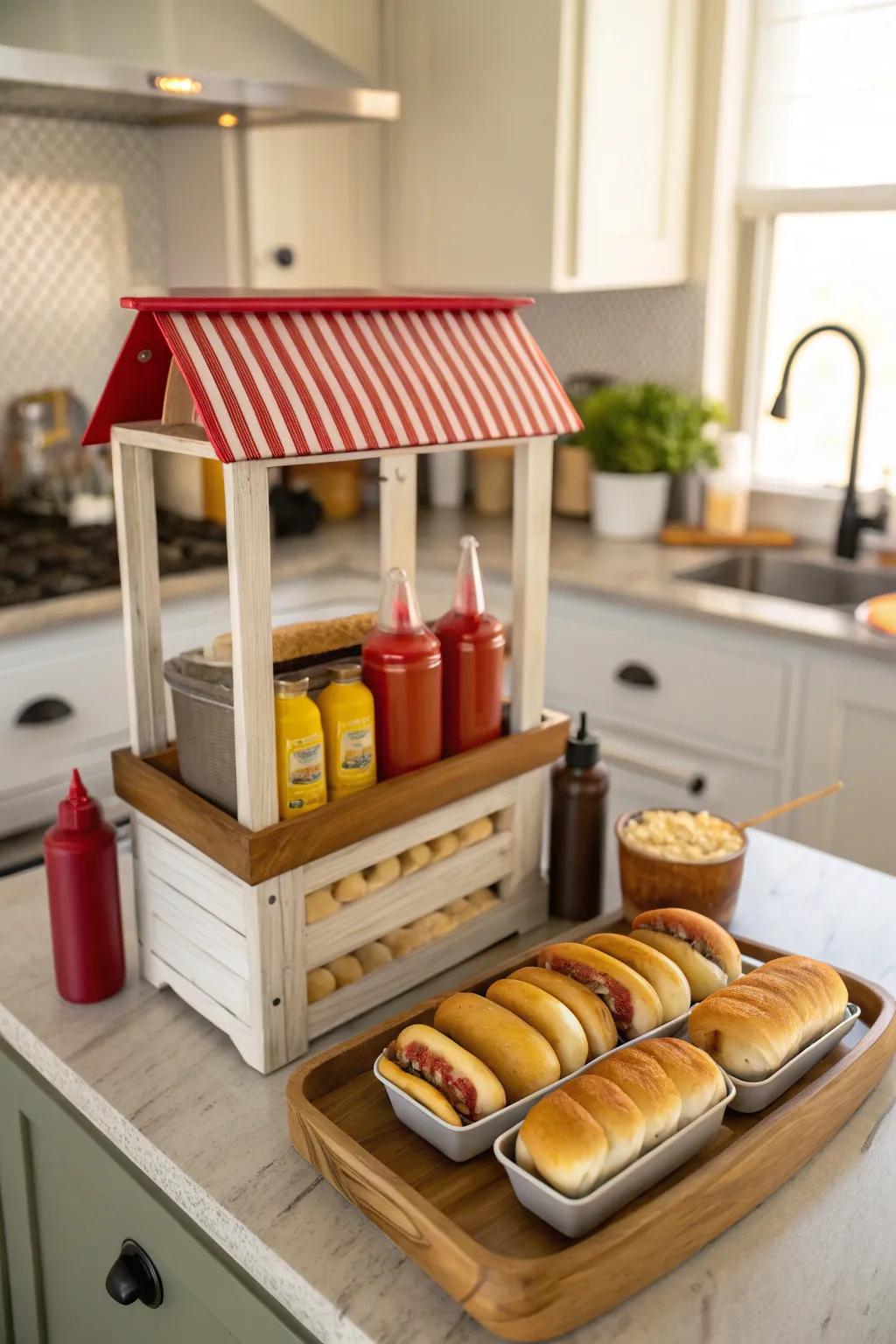 Present timeless carnival fare using a charming hot dog kiosk.