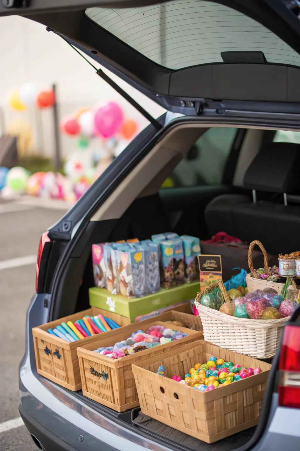 A prize booth trunk, inviting visitors to win small toys and treats.