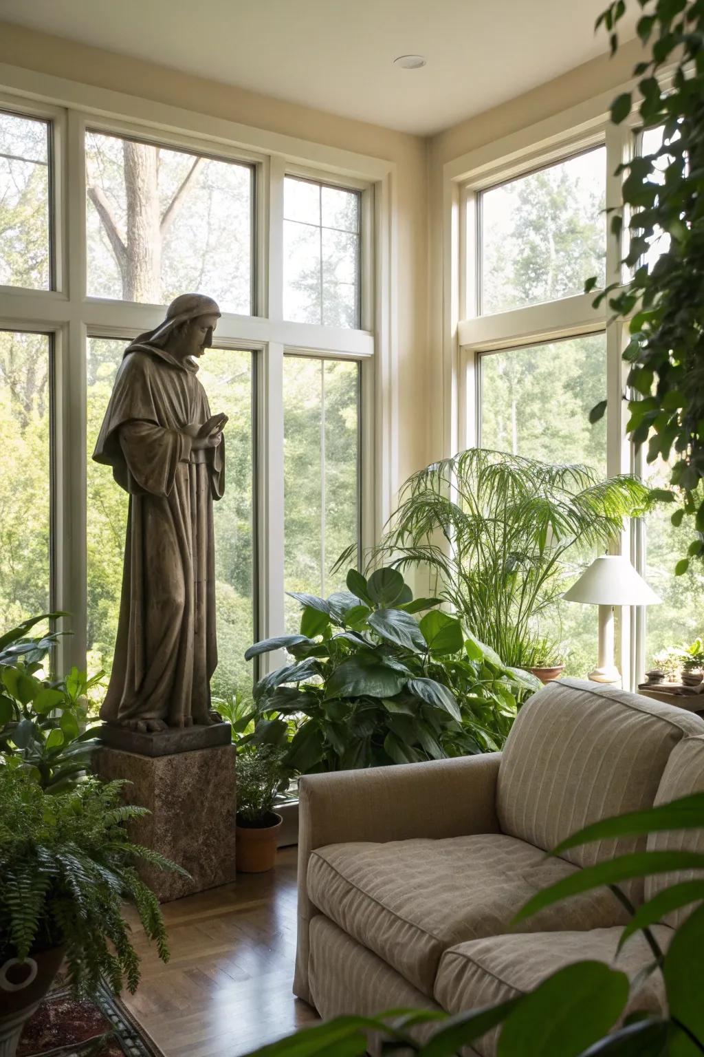 Greenery and holy figures create a refreshing and tranquil space.