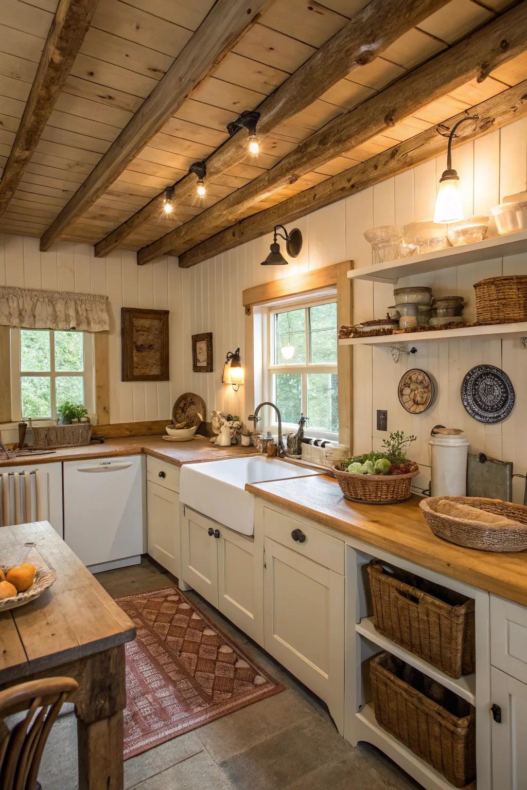 Incorporate charm and texture via plank ceiling panels.