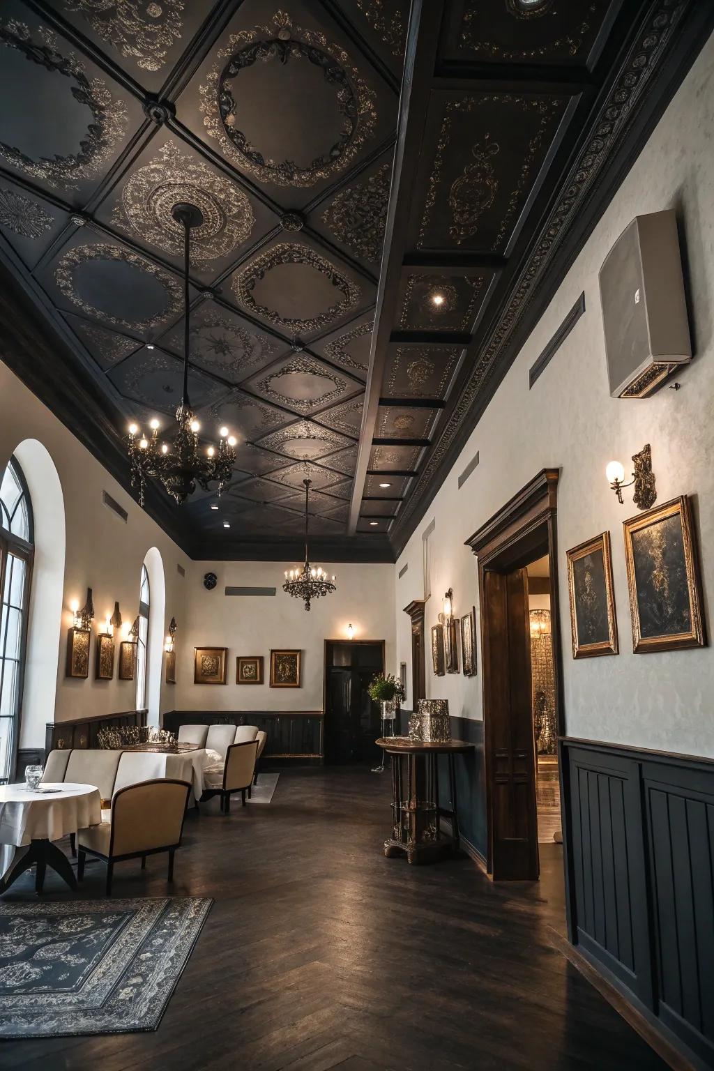 A room with a dark ceiling that adds an intimate and dramatic touch.