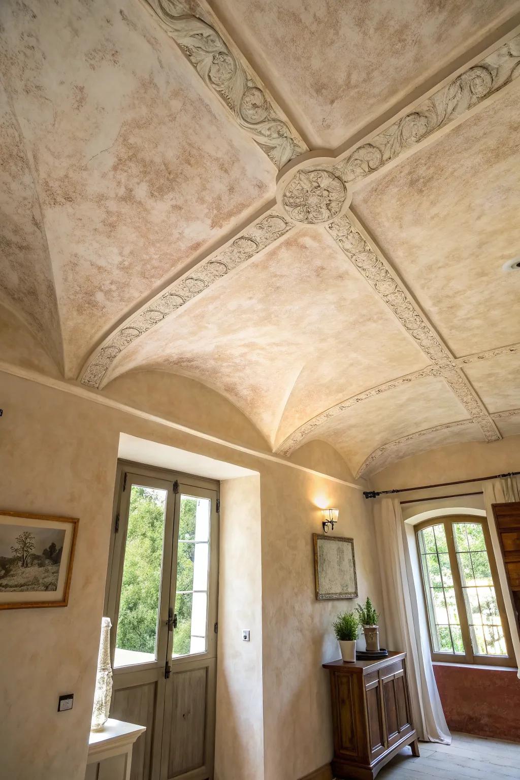 Lime-based paint imparts a textured, exquisite finish to ceilings.