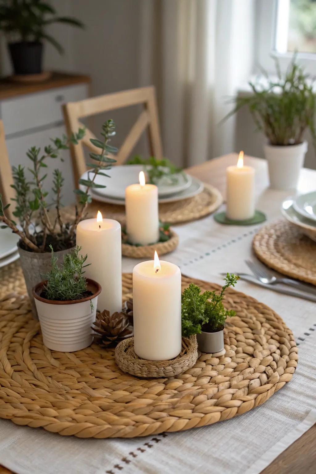 Textured charm with a woven place setting centerpiece base.