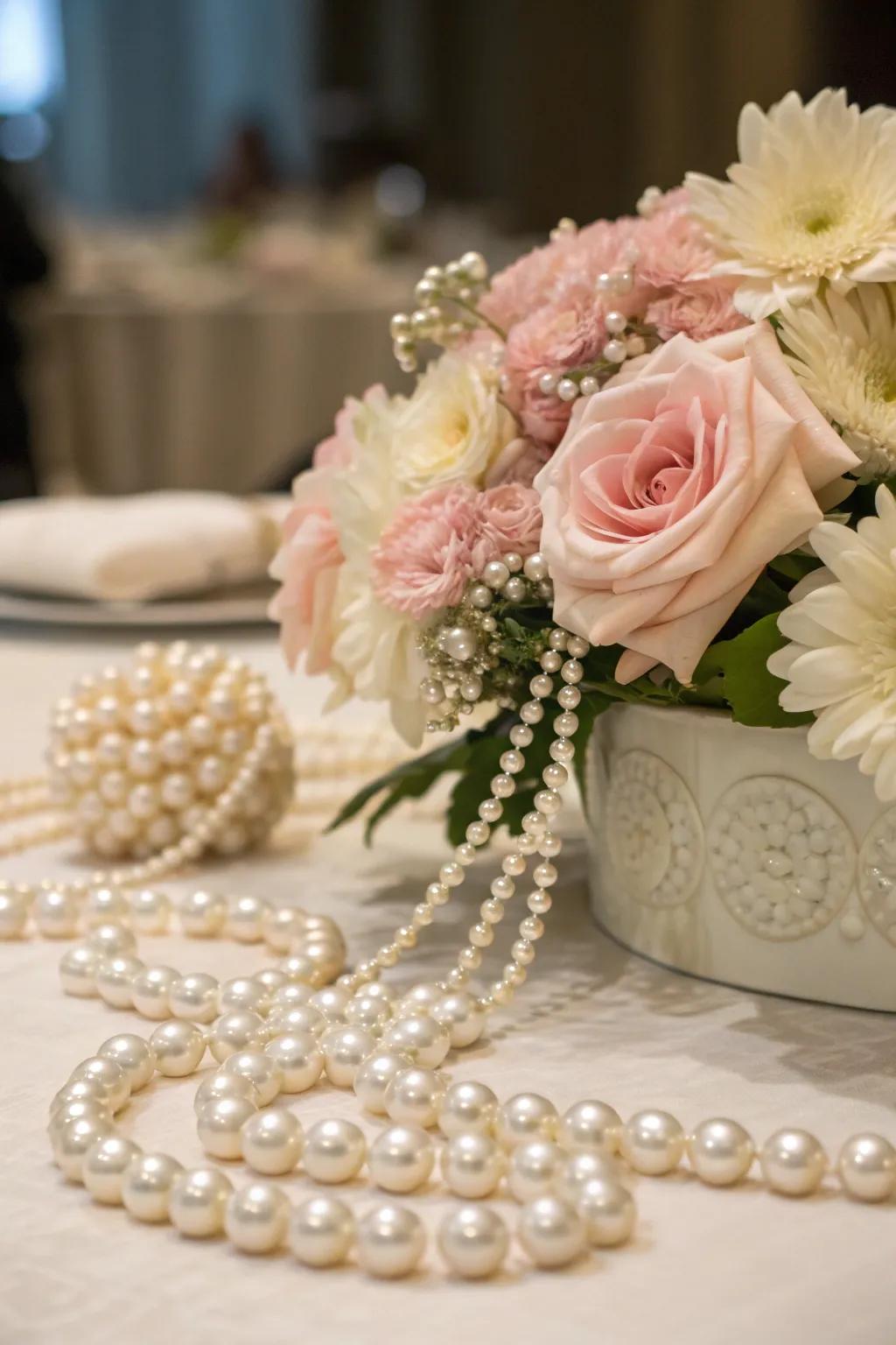 Refined pearl and floral centerpiece.