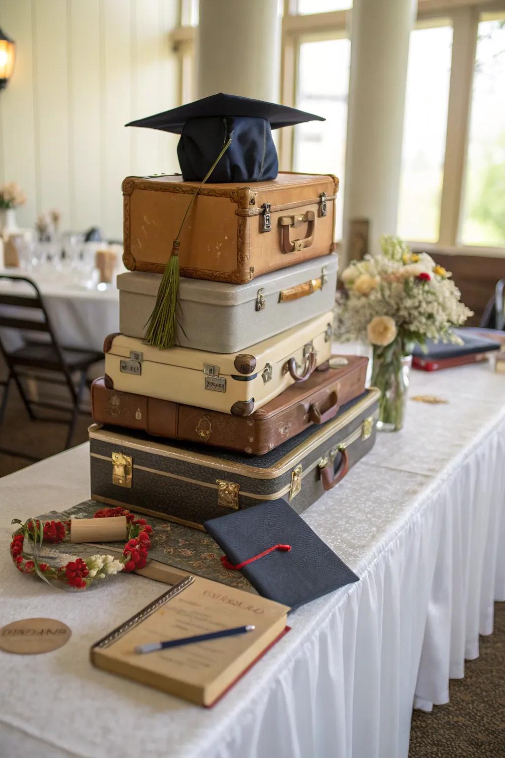 Old suitcases symbolize the graduate's journey ahead.