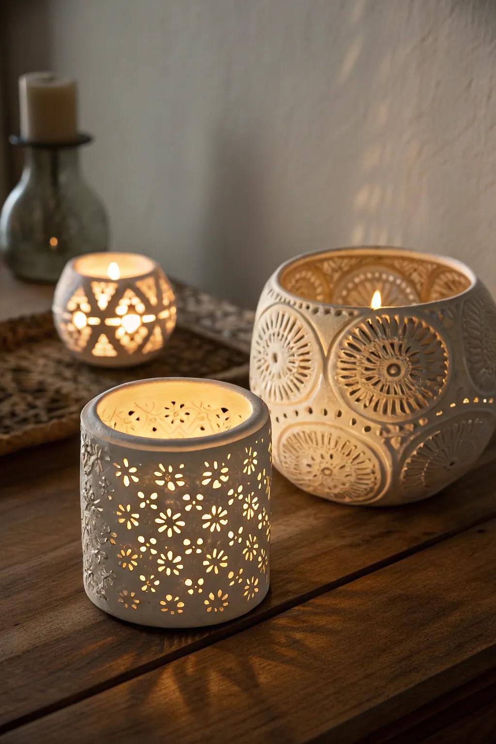 Detailed candle holders create a cozy atmosphere.