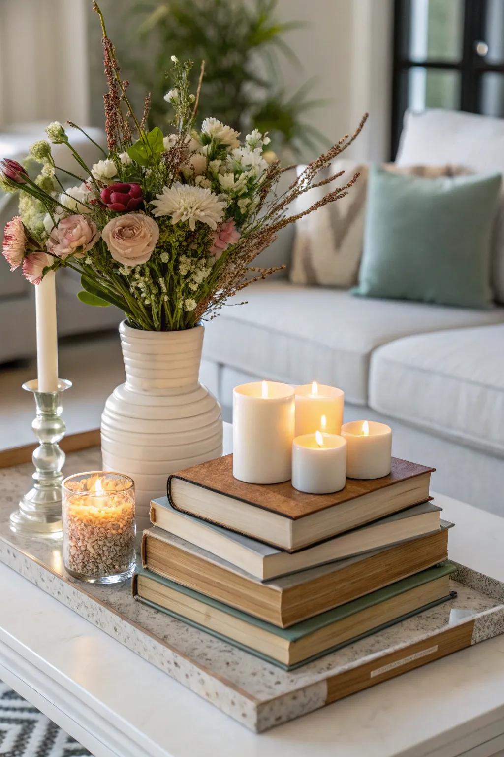 Layering a ceramic vase with books and candles adds depth to the decor.