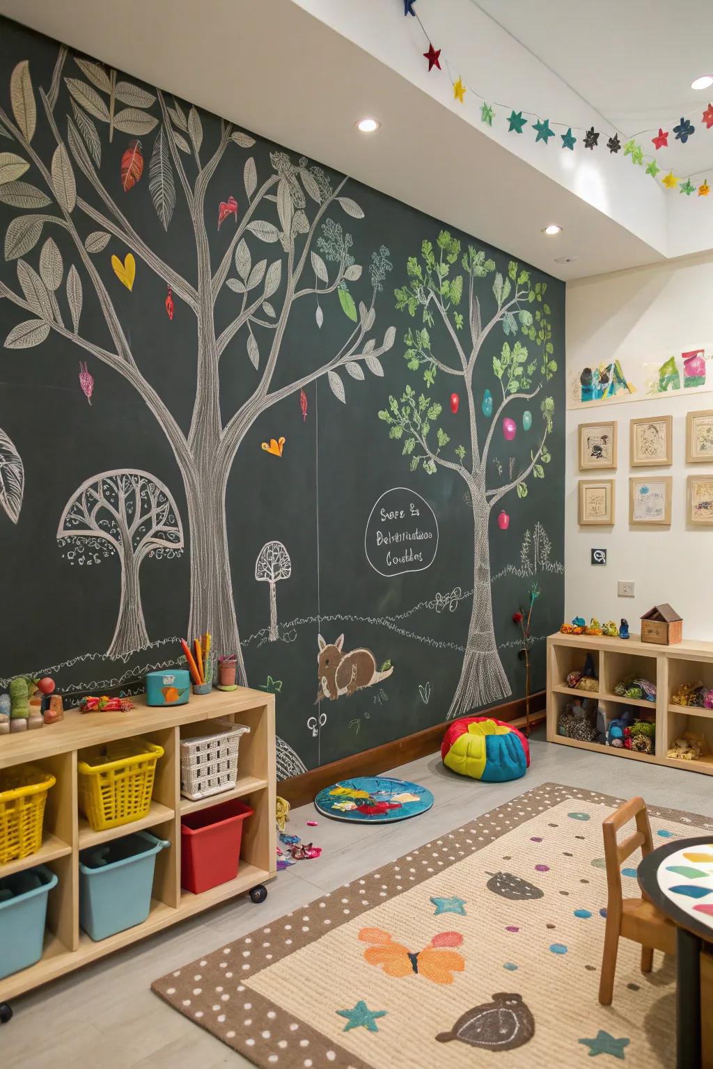 Nature-inspired chalkboard wall provides serenity.