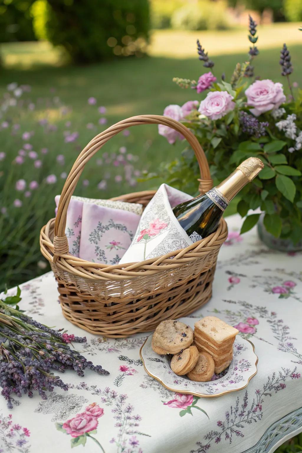 Garden social with lavender cookies and floral napkins.