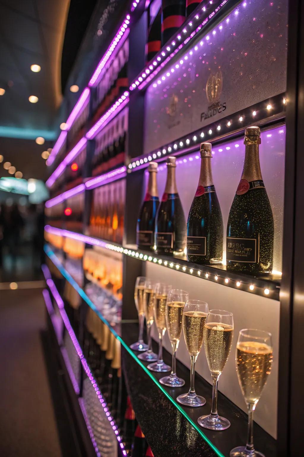 Dynamic lighting enhances the ambiance of this sparkling wine station.