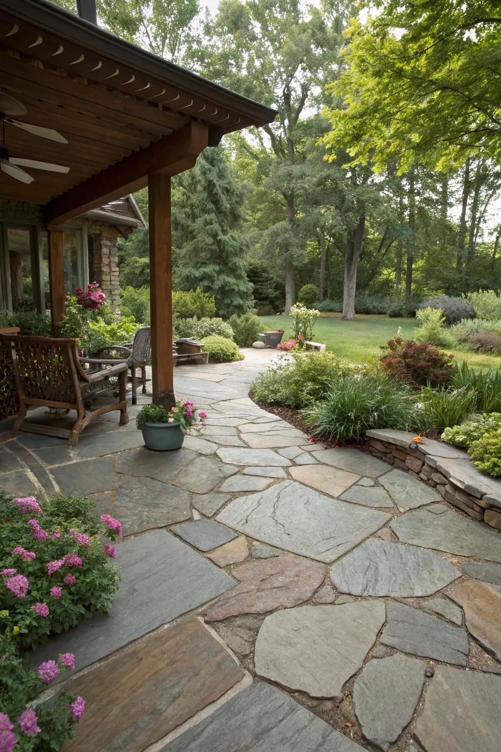 Flagstone flooring enhancing the patio's natural appeal.