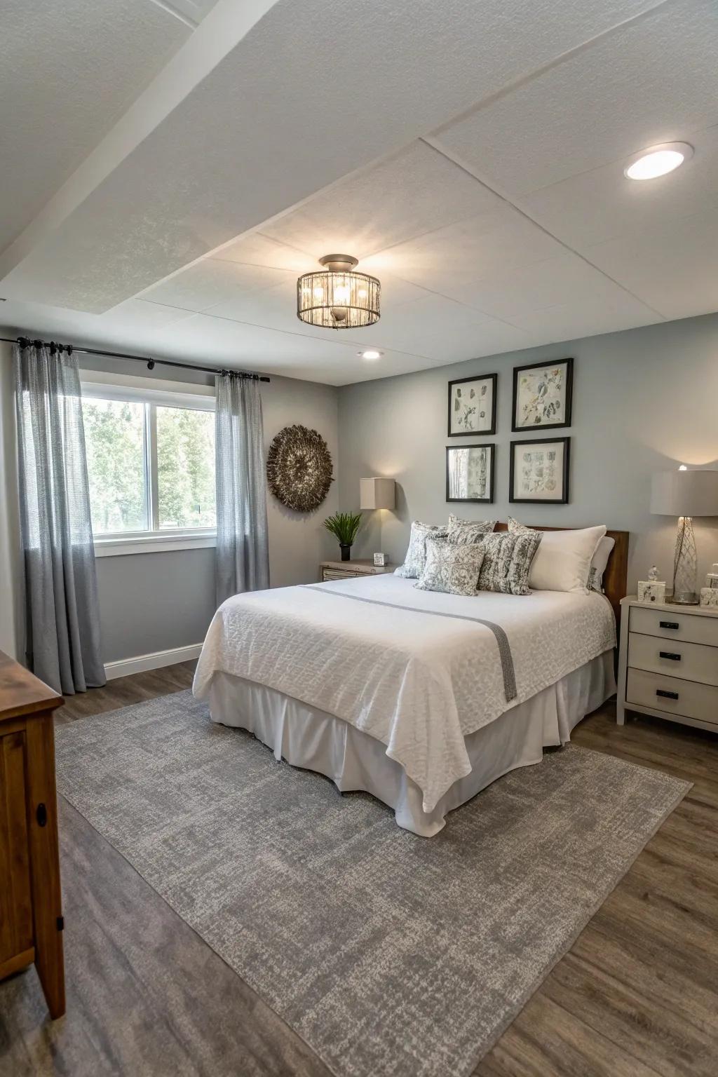 Peel-and-stick vinyl tiles provide a quick and stylish update for basement guest rooms.