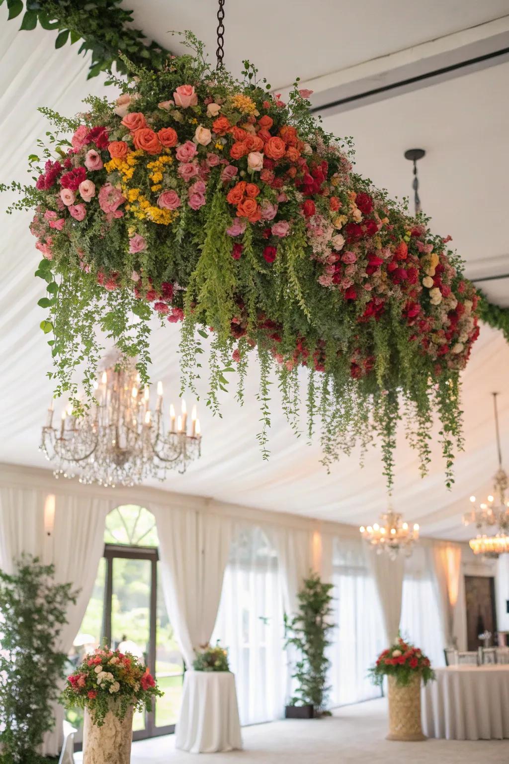 Dramatic and cost-effective suspended floral installation at a wedding.