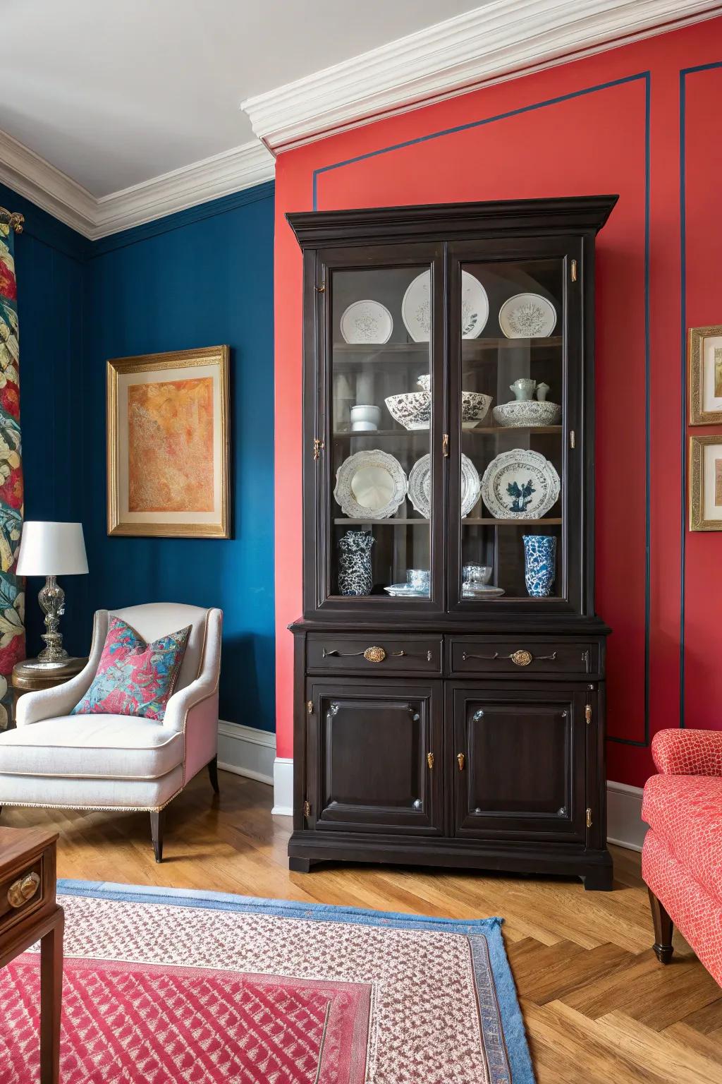 Bold colors make the display case a showpiece.