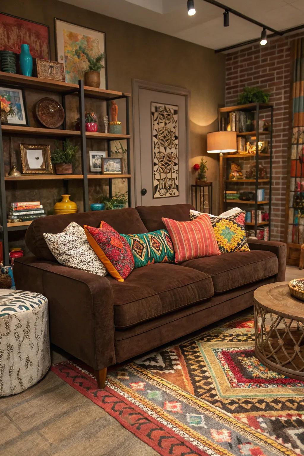 Varied richness infuses personality and vibrancy into a cocoa sofa setting.