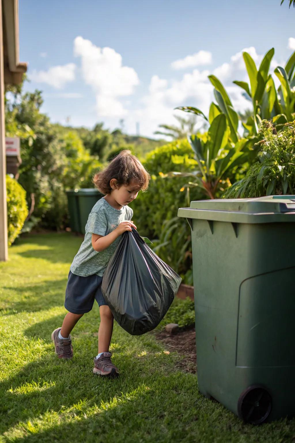 A child takes on the job of trash disposal.