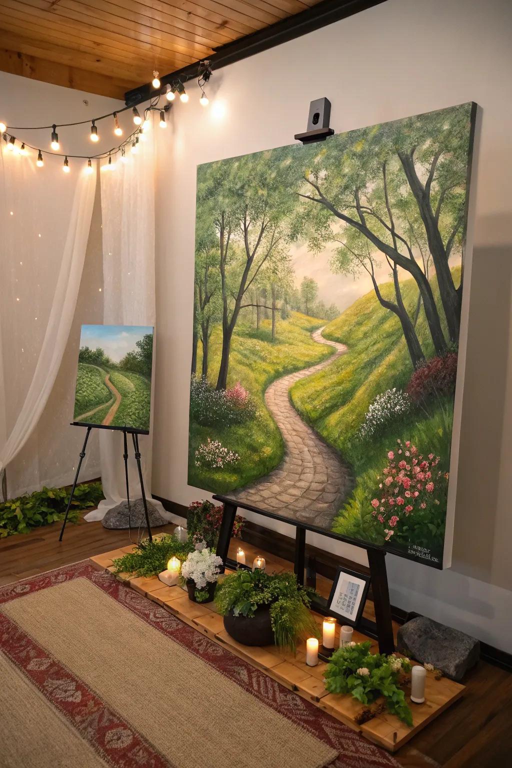 A path painting encourages reflection, symbolizing spiritual pilgrimages.