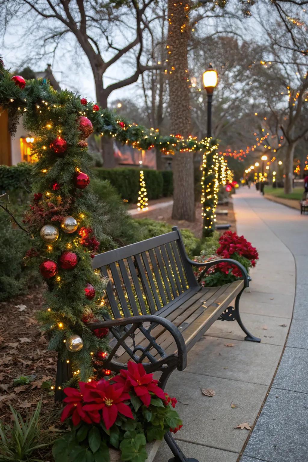 Festive strands wrap your bench in holiday cheer.