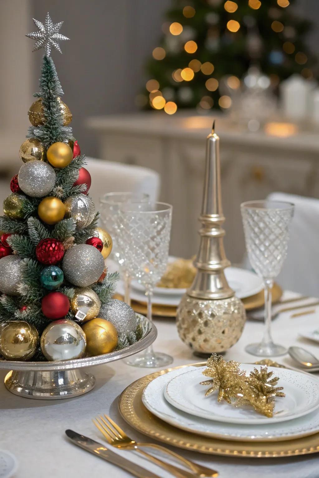 Intermingled metals infuse a hint of glamor to holiday ornaments.