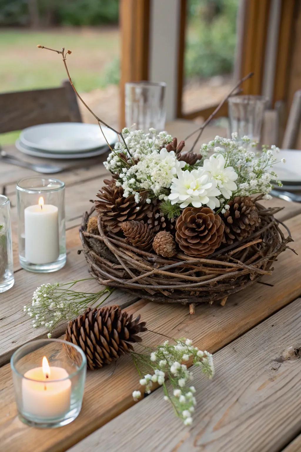 A winter forest arrangement captures peaceful natural beauty.