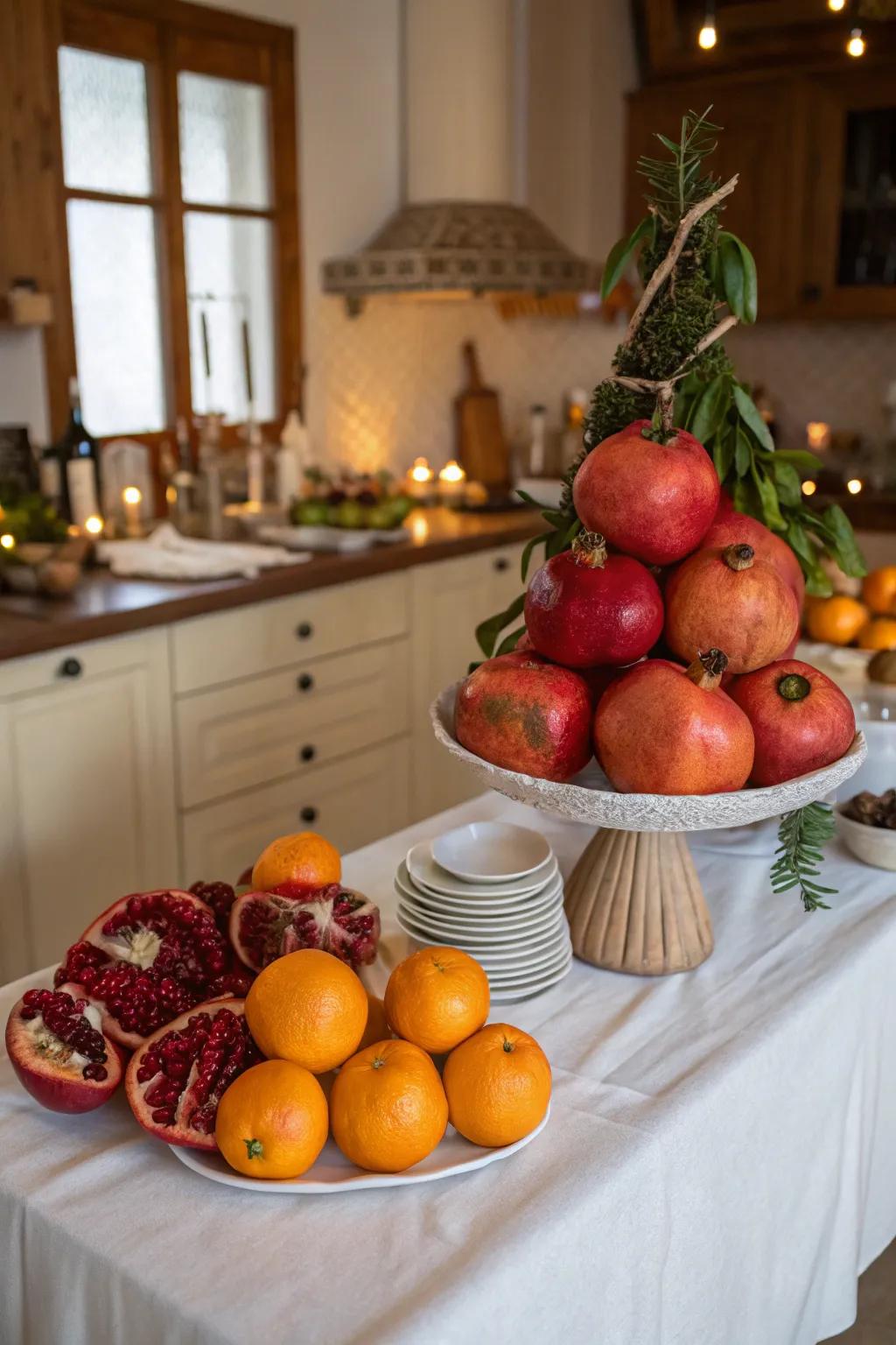 Festive fruit displays add natural color and cheer to the kitchen.