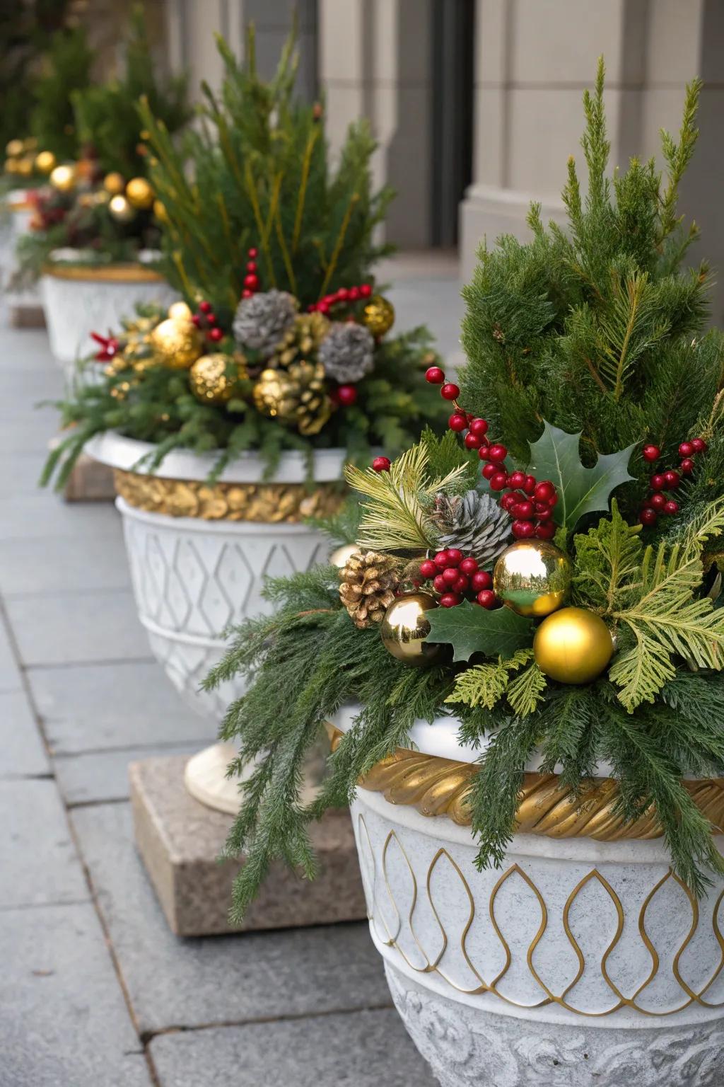 Metallic embellishments contribute a celebratory shimmer to your porch.