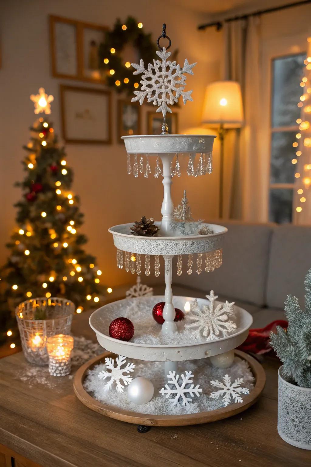 A sparkling cold-weather wonderland on a tiered display.