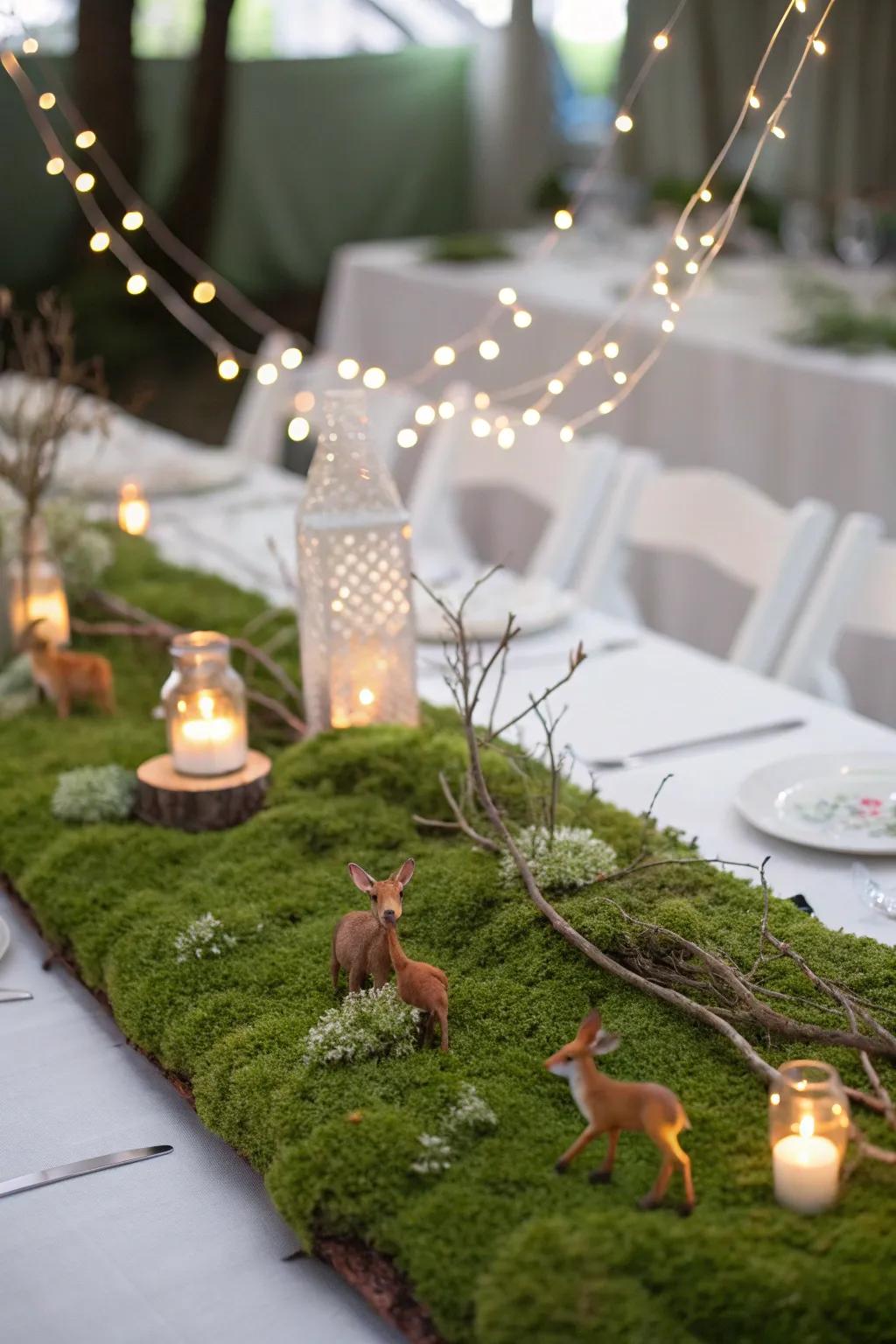 An bewitched forest tabletop scene featuring bryophytes and twinkling illuminations.