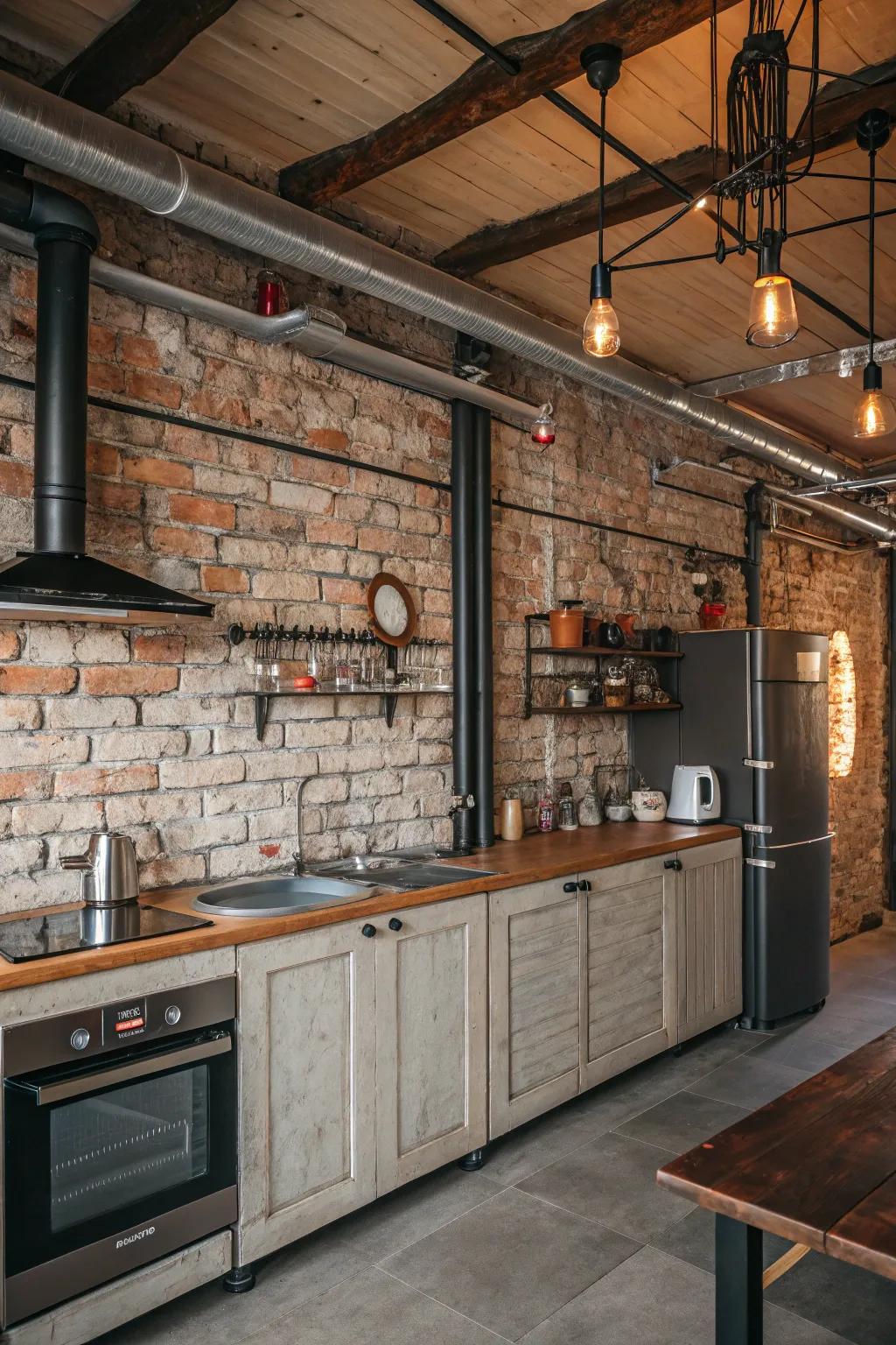 Aged stone backsplash adds rustic appeal to this kitchen.