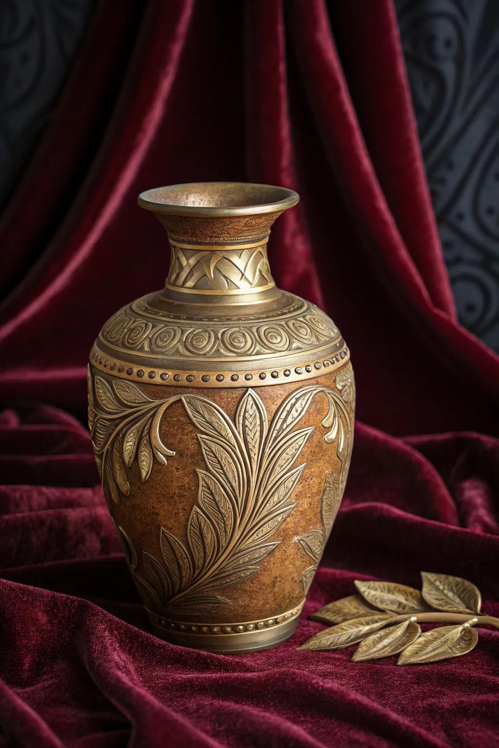 A dirt pot with metallic accents adding a dash of marvelousness.